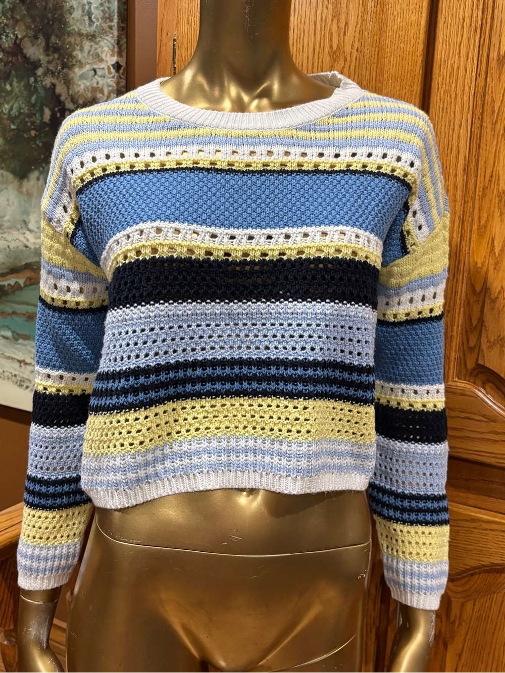 Striped Open-Knit Crewneck Sweater - Blue, Yellow & White